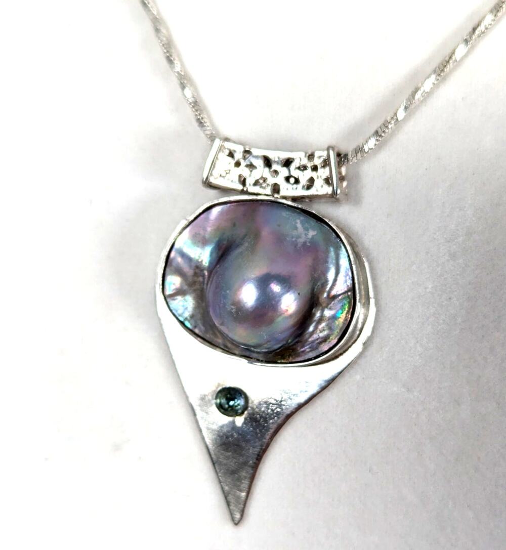 SS Mabe pearl+ blue zircon abstract pendant +19" chainPendant 11/4" x 2"Signed